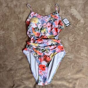 SWIMALL Pink and Blue High Cut One Piece Swimsuit with Back Cut Outs - Size M
